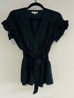 Max Studio Black V-Neck Tie-Waist Flutter Sleeve Blouse